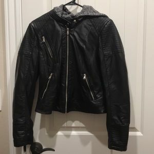 Black leather jacket with grey hood